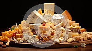 A delectable array of various cheeses arranged on a wooden board.