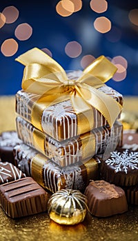 Assorted Chocolates. Festively Decorated Gift Box. Vertically oriented photo