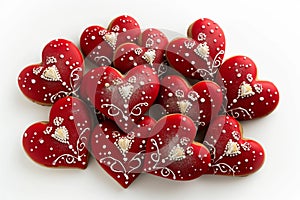 A delectable assortment of red heart-shaped cookies, each intricately decorated for Valentine\'s Day.