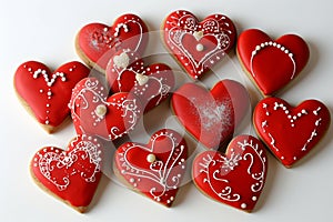 A delectable assortment of red heart-shaped cookies, each intricately decorated for Valentine\'s Day.