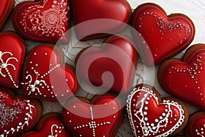 A delectable assortment of red heart-shaped cookies, each intricately decorated for Valentine\'s Day.