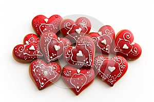 A delectable assortment of red heart-shaped cookies, each intricately decorated for Valentine\'s Day.