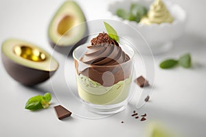 Delectable avocado chocolate mousse dessert in glass on a white table