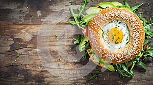 Delectable Bagel Delight: Avocado and Egg on Rustic Wooden Background