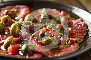 Delectable Beef carpaccio olives. Generate Ai