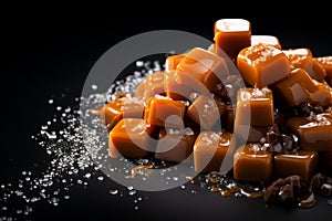 Delectable caramels showcased on a dark background with text space