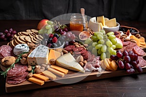 Delectable Charcuterie Board showcasing an array of cured meats, cheeses, fruits, nuts, and crackers on a wooden platter