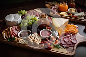 Delectable Charcuterie Board showcasing an array of cured meats, cheeses, fruits, nuts, and crackers on a wooden platter