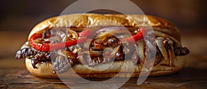 Delectable Cheesesteak Spotlight: Sizzling Steak & Peppers. Concept Food Photography, Gourmet