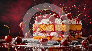 Delectable Cherry Sponge Cake with Whipped Cream and Berry Topping on Atmospheric Dark Background