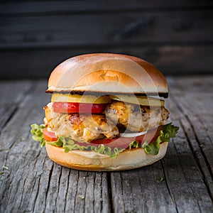 Delectable chicken burger served on rustic wooden table