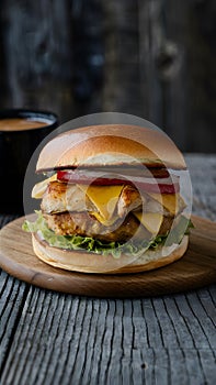 Delectable chicken burger served on rustic wooden table