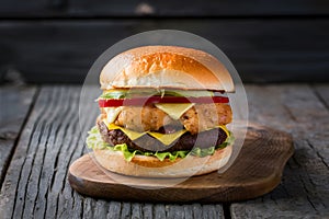 Delectable chicken burger served on rustic wooden table