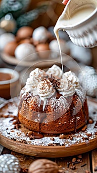 Delectable Christmas Pudding Topped with Whipped Cream and Chocolate Drizzle, Festive Holiday Dessert Table Setting