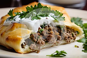 delectable close-up of bourekas bursting with spicy ground lamb, fresh parsley, and cilantro