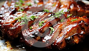 Delectable close up of mouthwatering roasted barbecue pork ribs with perfectly sliced meat