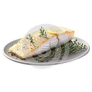 A delectable cod fillet, baked to flaky perfection, adorned with a sprig of thyme and a lemon wheel,