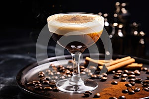 A delectable coffee-based cocktail in a glass, showcased on a dark, opulent surface, inviting you to savor its rich photo