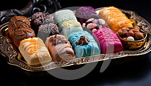 Delectable confections arranged in a tray adorned with a lavish gold touch, ramadan and eid wallpaper