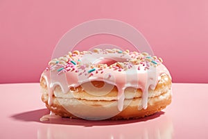 Cream filled donut krispy kreme on pink background photo