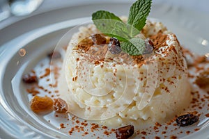 Delectable Creamy Rice Pudding Garnished with Mint and Cinnamon