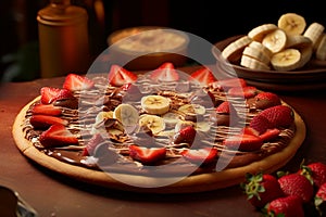 Delectable dessert pizza adorned with a luscious Nutella spread and fresh strawberries