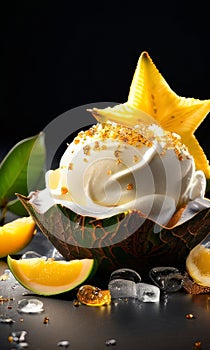 Delectable dessert with star-shaped of carambola design in center. For various contexts such as food blogs, restaurant