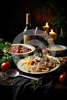 Delectable dinner spread with pasta, wine, and savory delights