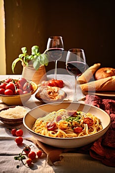 Delectable dinner spread with pasta, wine, and savory delights