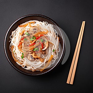 Delectable dish rice noodles with peppers, mushrooms, and spices