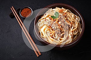 Delectable dish rice noodles with peppers, mushrooms, and spices