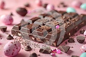 A Delectable Display of Chocolate Indulgence Amidst Easter Confections on a Pink Canvas. Generative AI