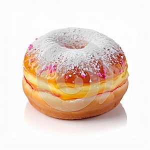A delectable donut, glazed and adorned with pink sprinkles photo