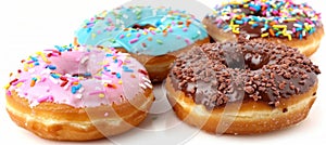 Delectable donuts displayed on a crisp white isolated background for captivating food photography