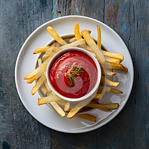 Delectable french fry served with tomato sauce