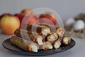 Delectable French Toast Rolls. A sweet breakfast treat with sweetened cottage cheese in the middle