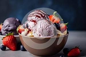 Delectable fruit and chocolate sundae ice cream in bowl