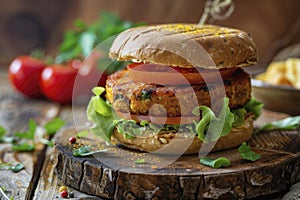 Delectable Homemade Chicken Burger on Rustic Wooden Board