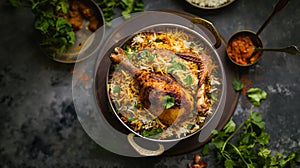 Delectable Hyderabadi Chicken Biryani Delight, Top-View Culinary Temptation