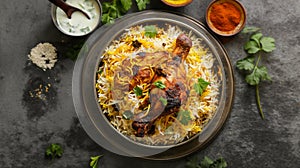 Delectable Hyderabadi Chicken Biryani Delight, Top-View Culinary Temptation