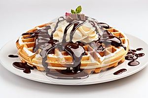 Belgian waffle with chocolate sauce on a white background