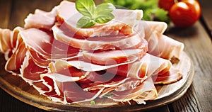 The Delectable Journey of Cured Ham Slices, Elegantly Served on Wood. Generative AI