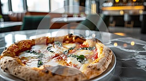 A delectable Margherita pizza on a marble tabletop, complemented by the chic decor of a contemporary urban eatery