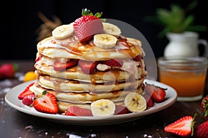 Delectable Pancakes banana honey strawberry. Generate Ai