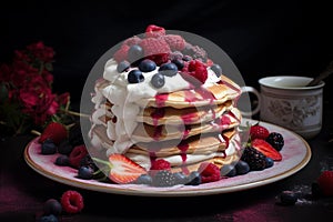 Delectable Pancakes fruits chocolate. Generate Ai