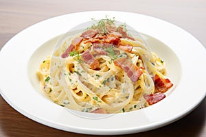 Delectable Pasta carbonara plate. Generate Ai