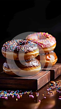 Delectable pastries Delicious donuts on a dark background with text space