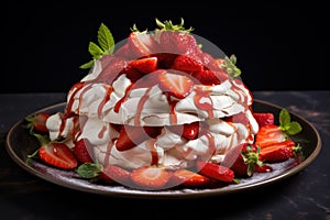Delectable Pavlova strawberry plate. Generate Ai