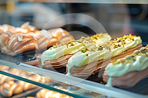 Delectable pistachio eclairs showcased in close up in glass showcase
