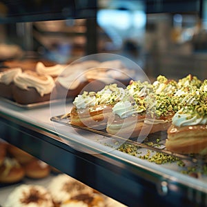 Delectable pistachio eclairs showcased in close up in glass showcase